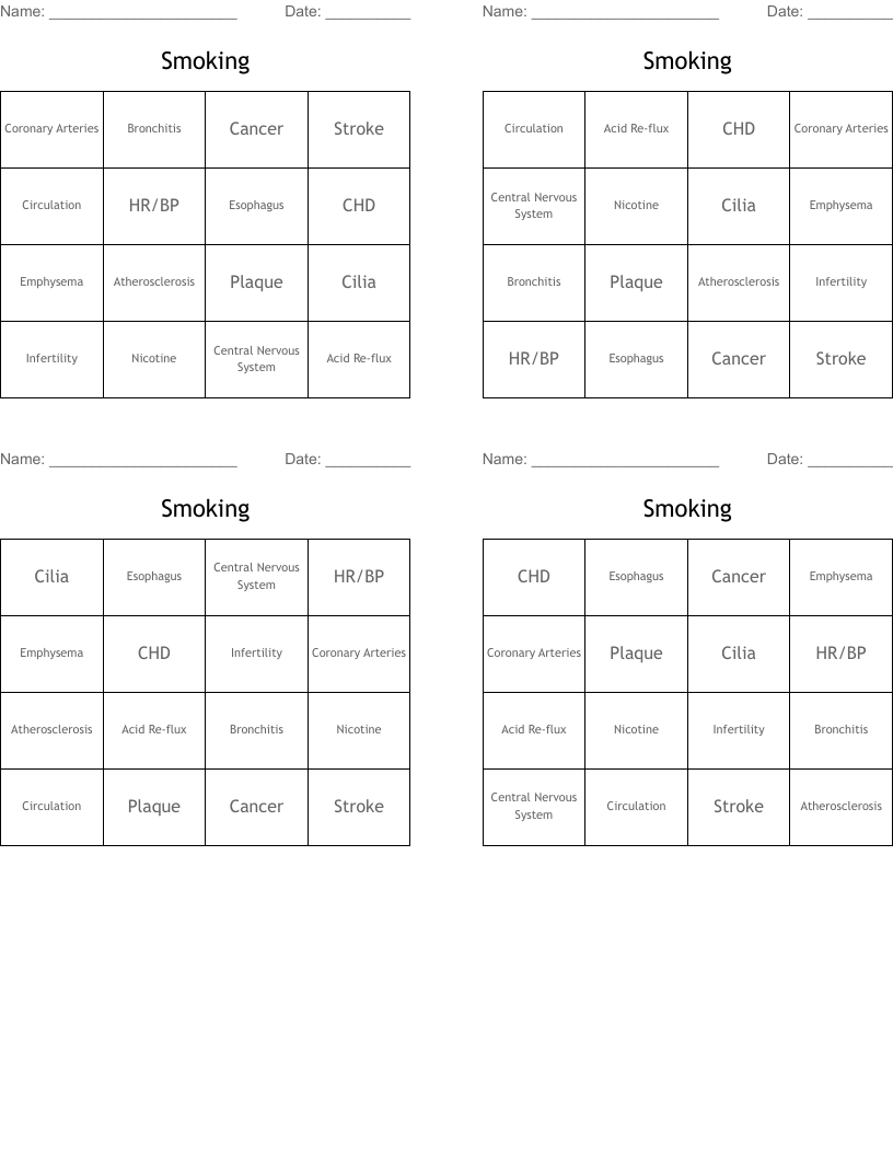 Smoking Bingo Cards