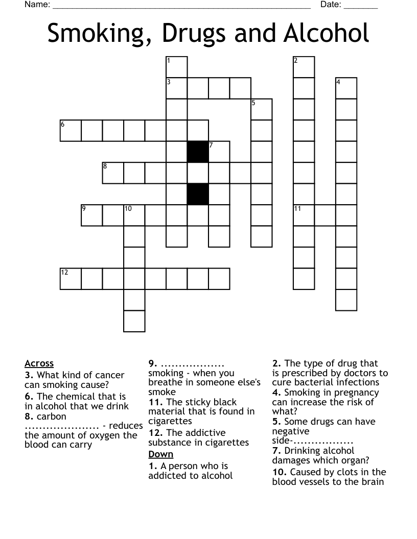 Smoking, Drugs and Alcohol Crossword