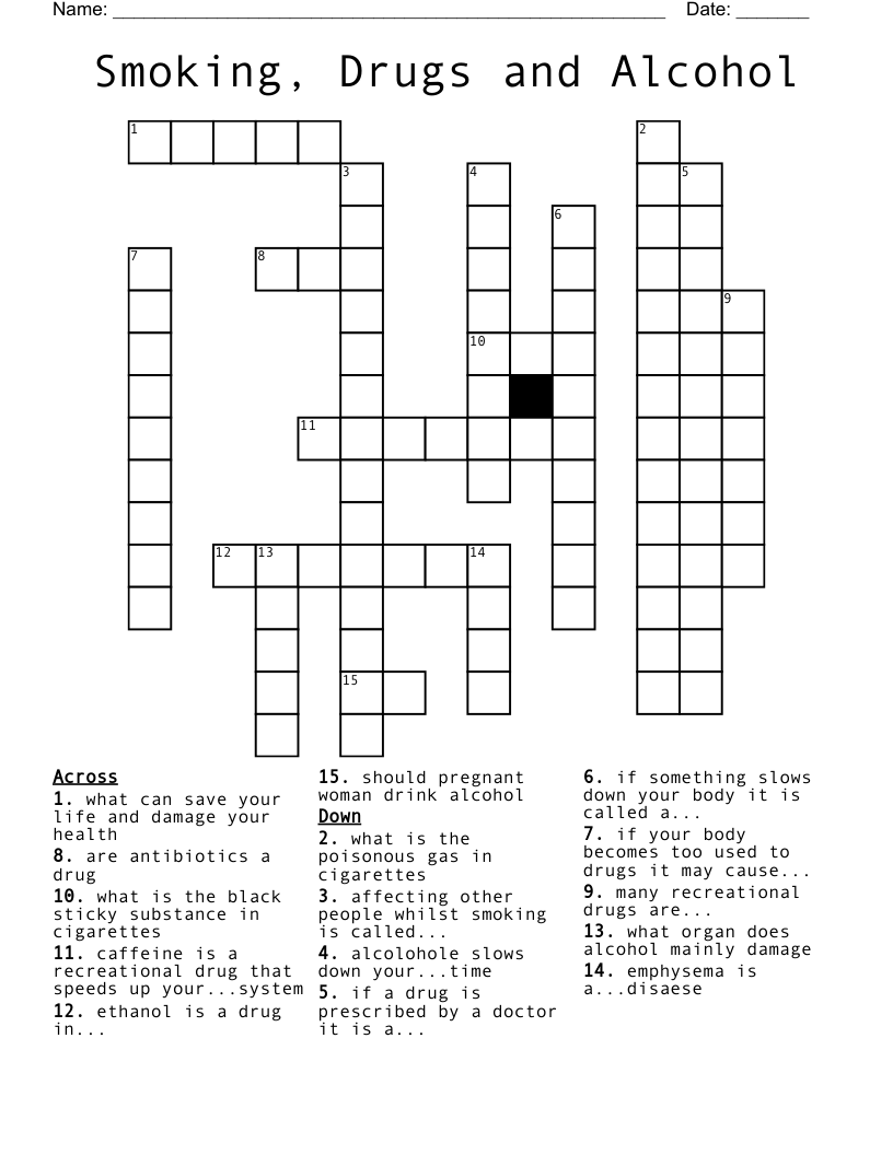 Smoking, Drugs and Alcohol Crossword