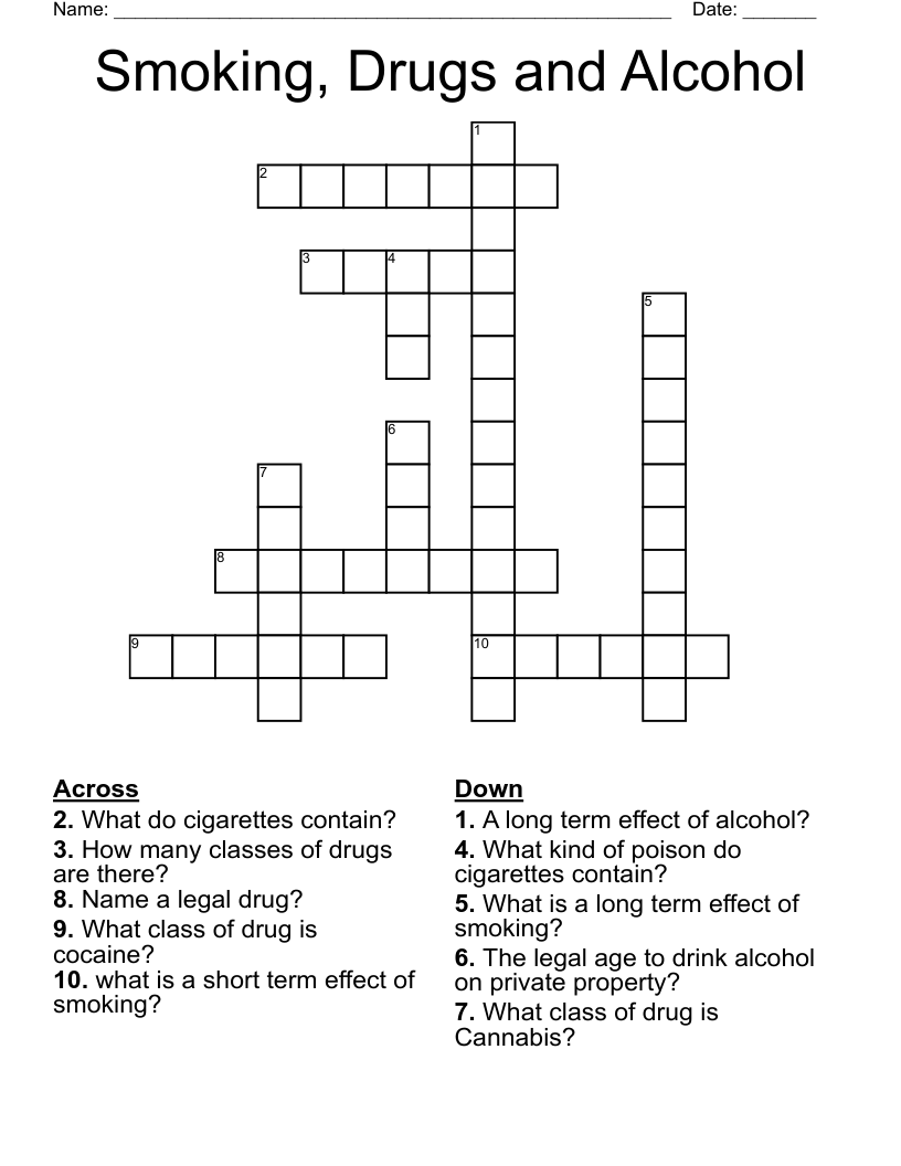 Smoking, Drugs and Alcohol Crossword