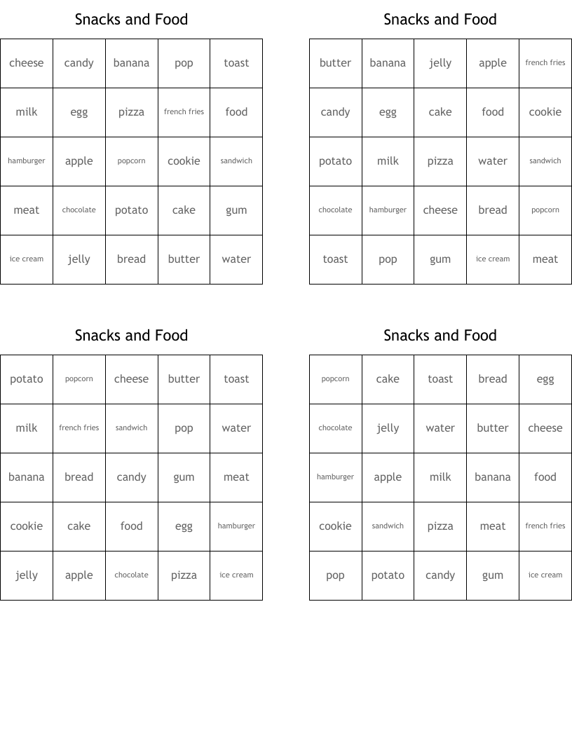 Snacks and Food Bingo Cards