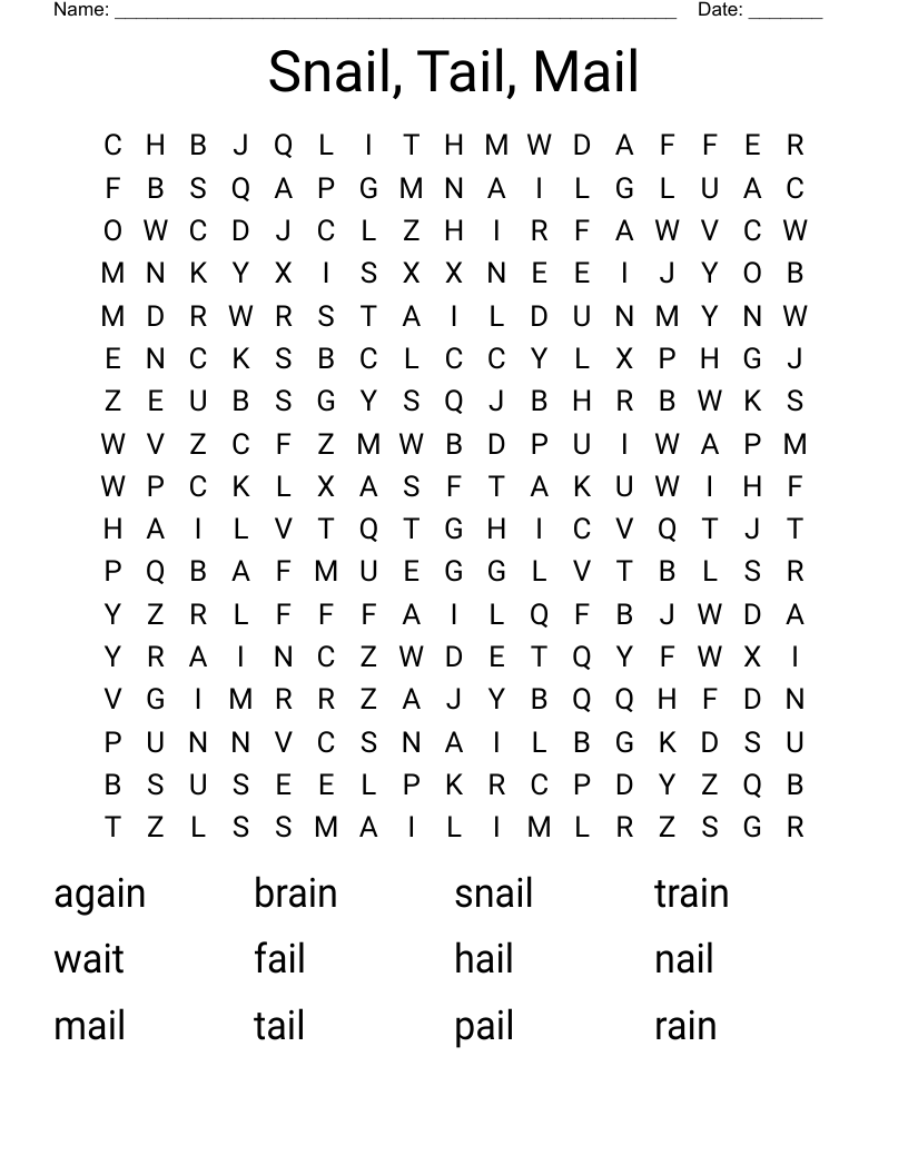 Snail, Tail, Mail Word Search