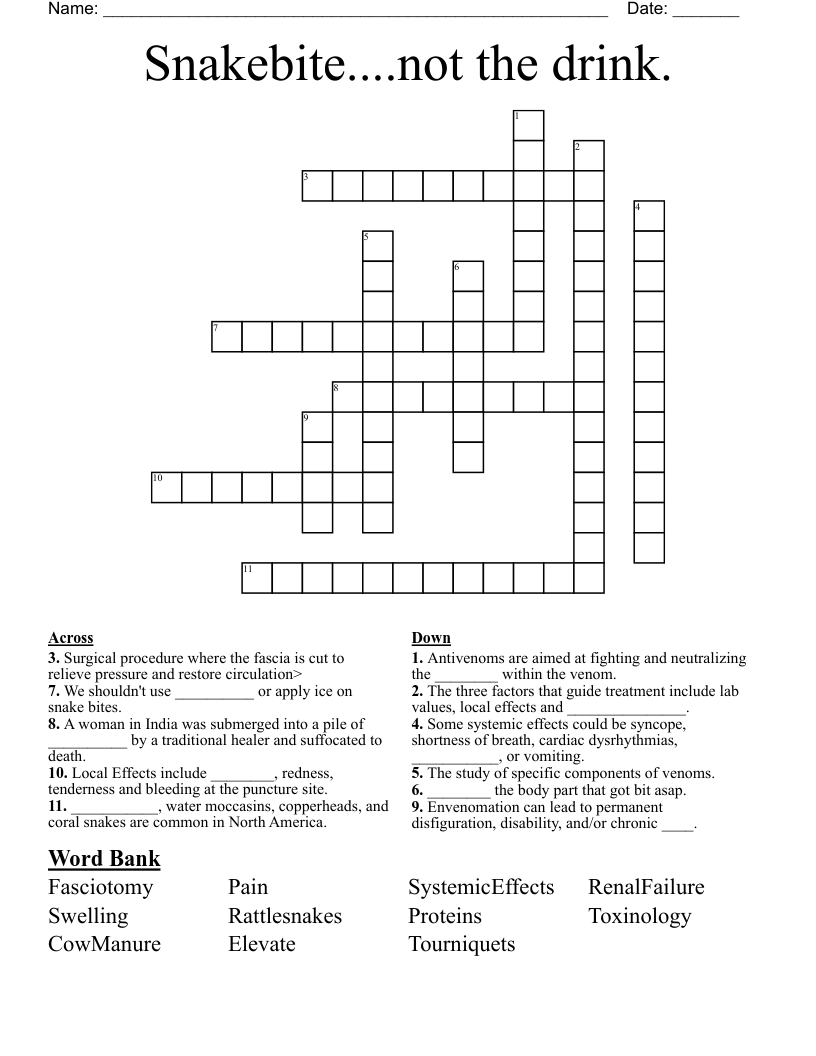 Snakebite....not the drink. Crossword