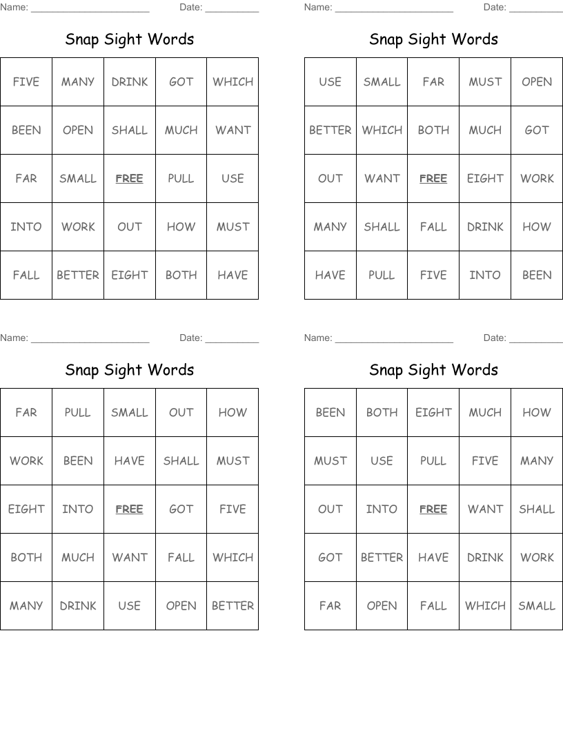 Snap Sight Words Bingo Cards