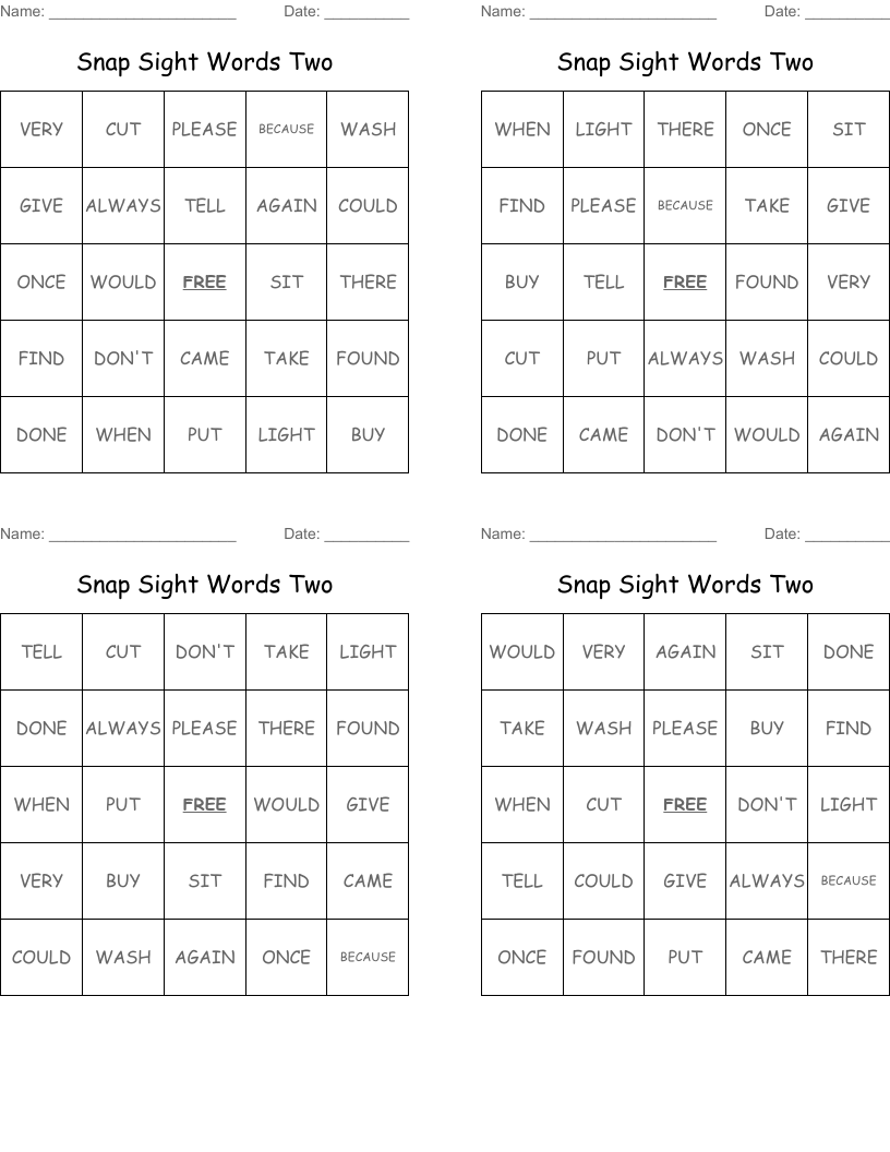 Snap Sight Words Two Bingo Cards