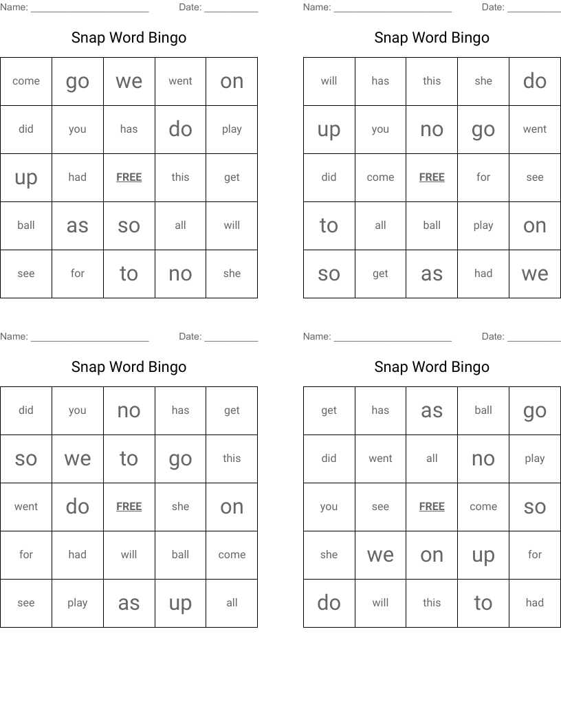 Snap Word Bingo