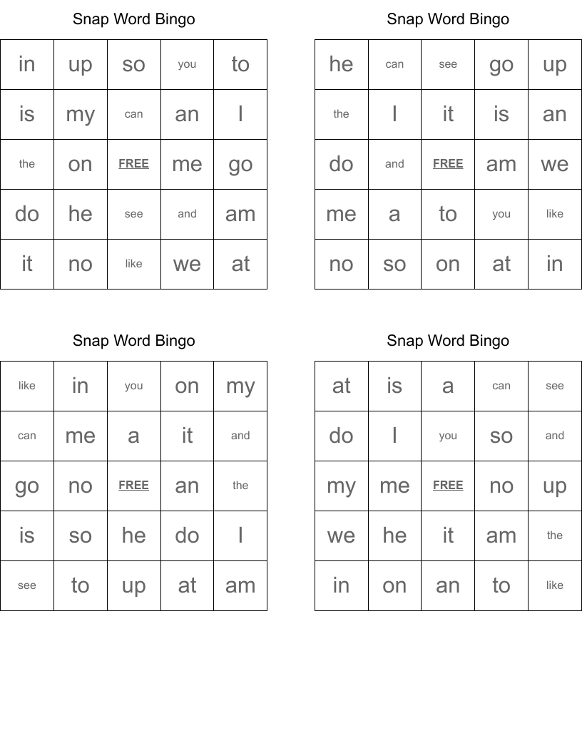Snap Word Bingo