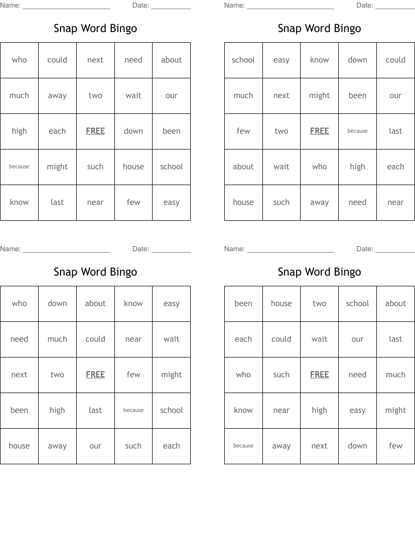 Snap Word Bingo