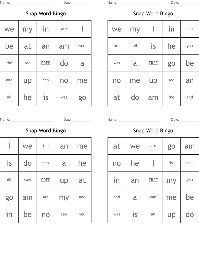 Snap Word Bingo