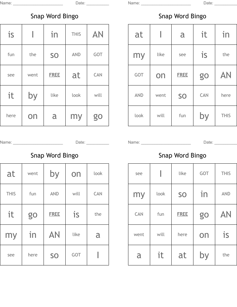 Snap Word Bingo