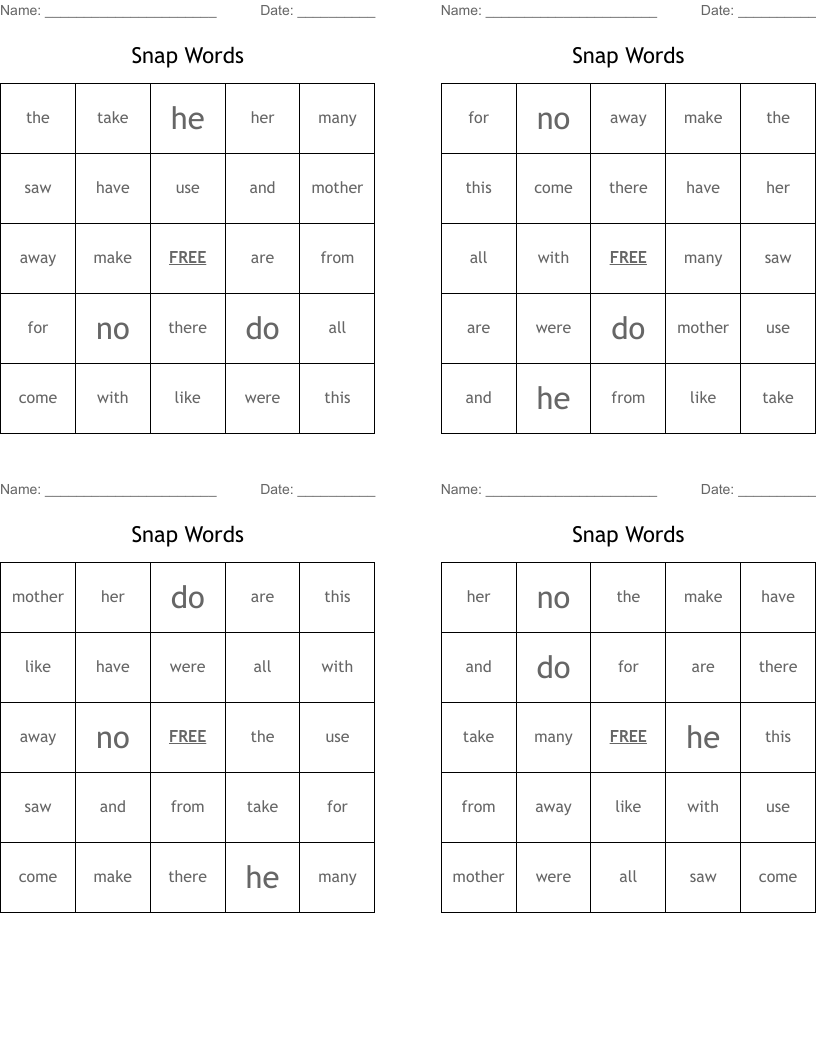 Snap Words Bingo Cards