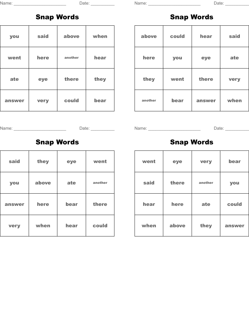 Snap Words Bingo Cards
