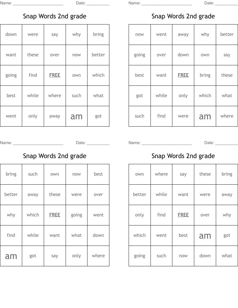 Snap Words 2nd grade Bingo Cards