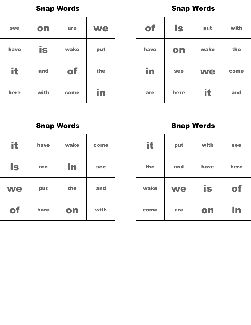 Snap Words Bingo Cards