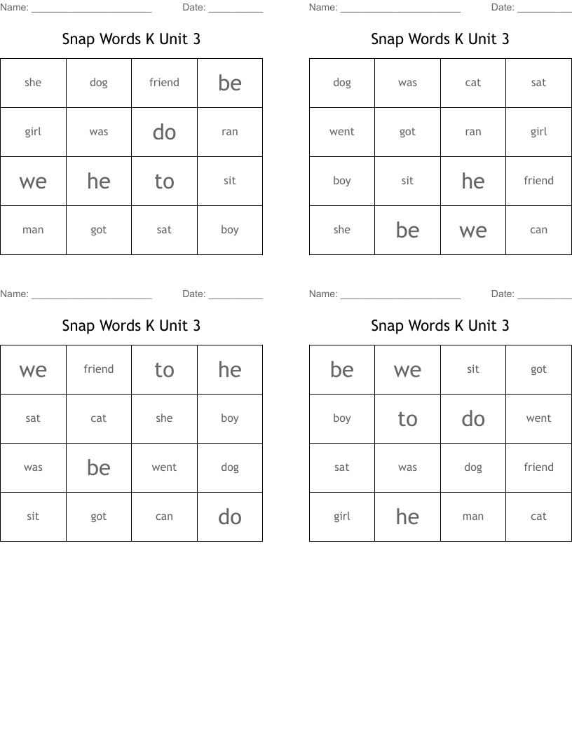 Snap Words K Unit 3 Bingo Cards