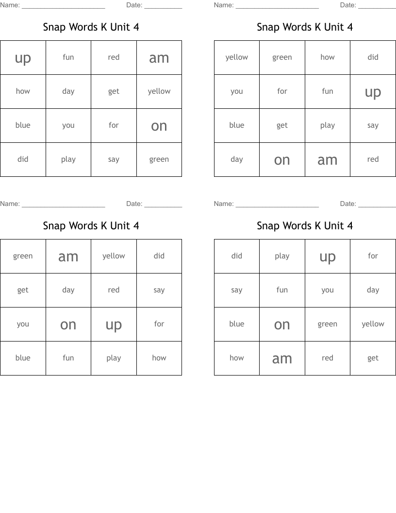 Snap Words K Unit 4 Bingo Cards