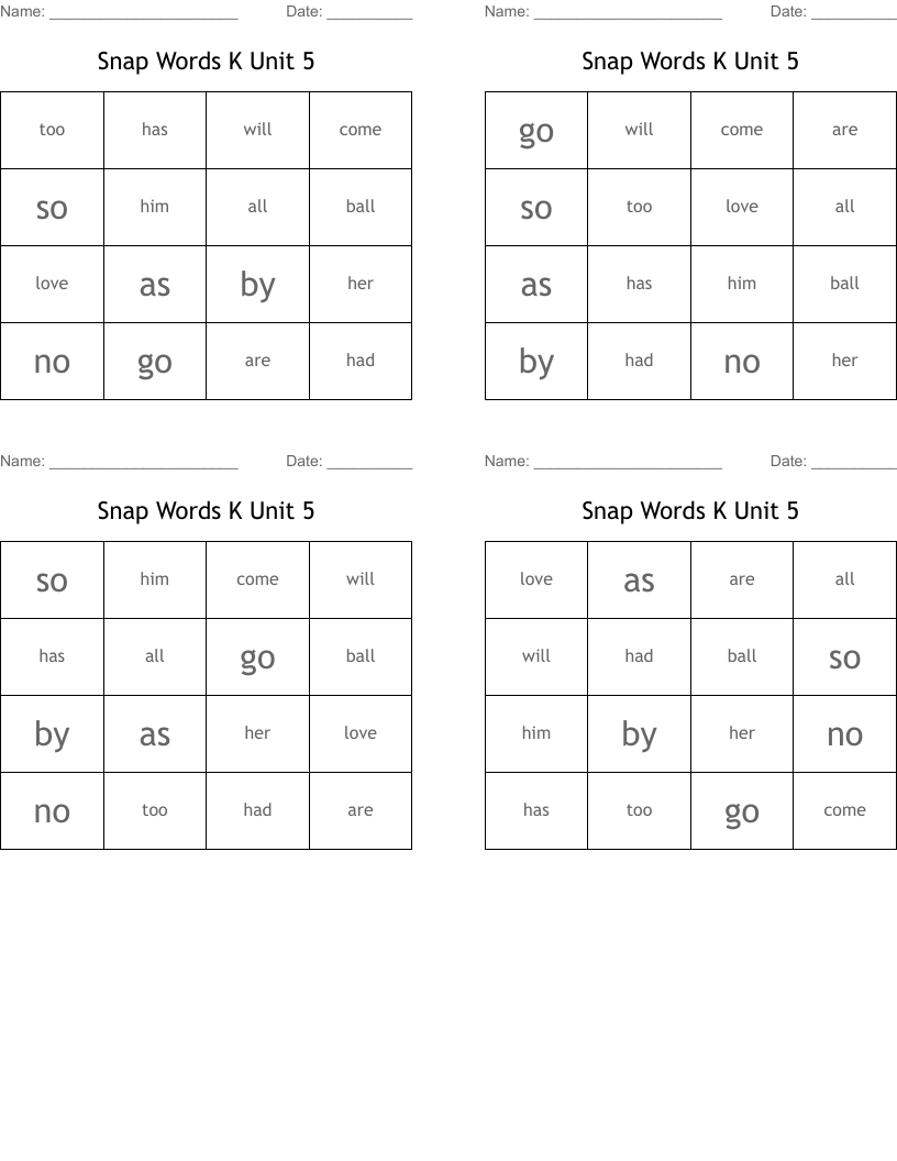 Snap Words K Unit 5 Bingo Cards