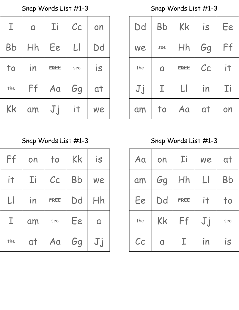 Snap Words List #1-3 Bingo Cards
