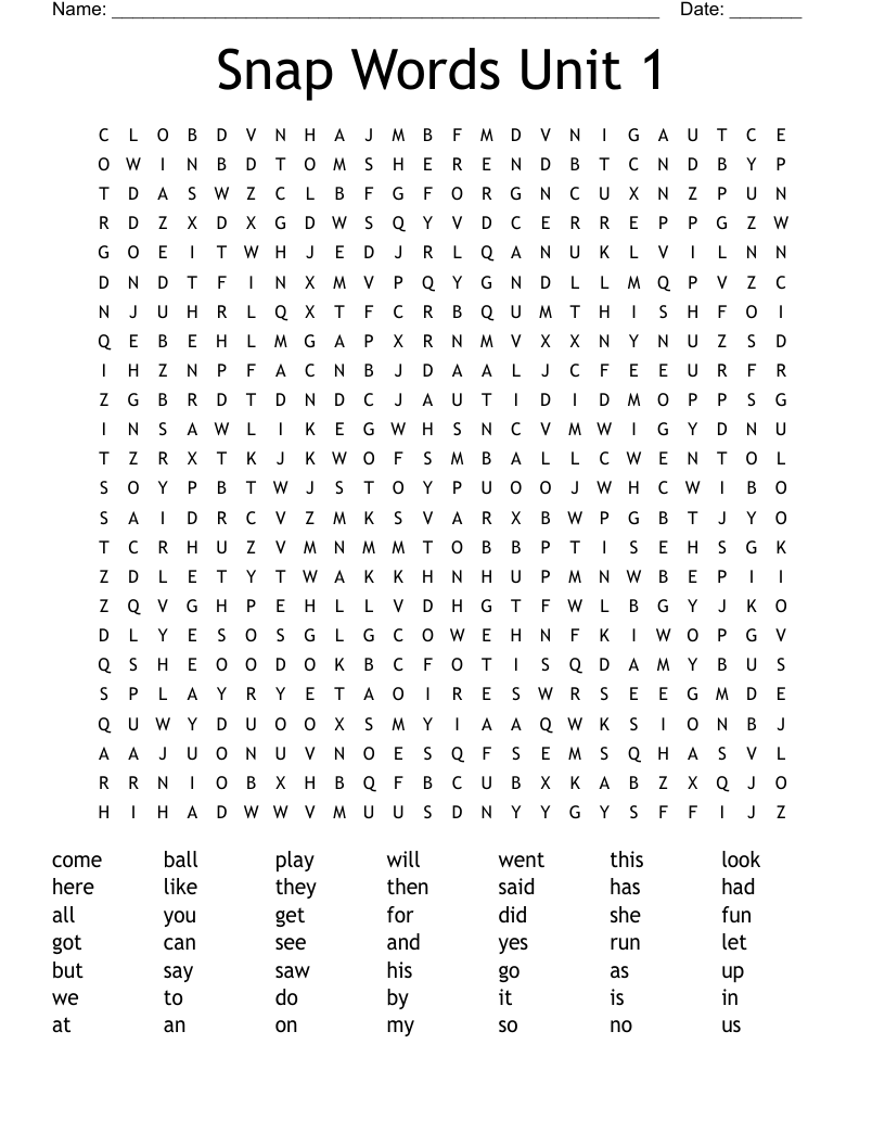 Snap Words Unit 1 Word Search