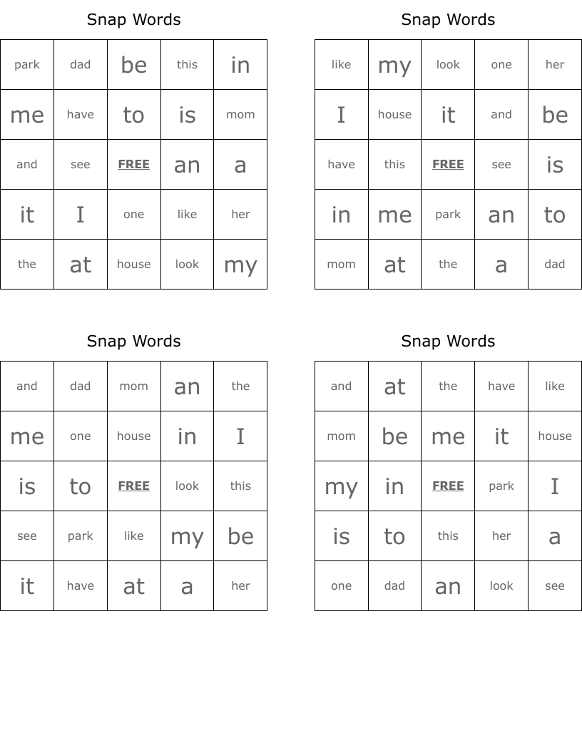 Snap Words  Bingo Cards