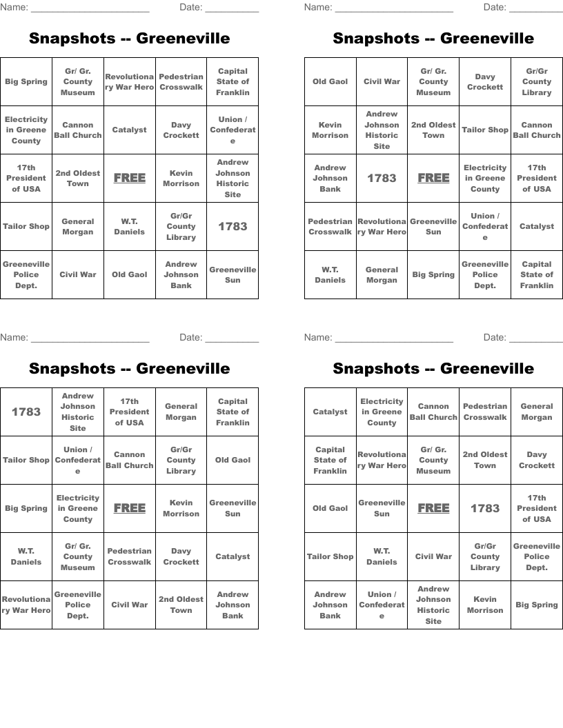 Snapshots -- Greeneville Bingo Cards