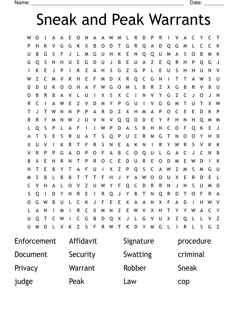 Sneak and Peak Warrants Word Search