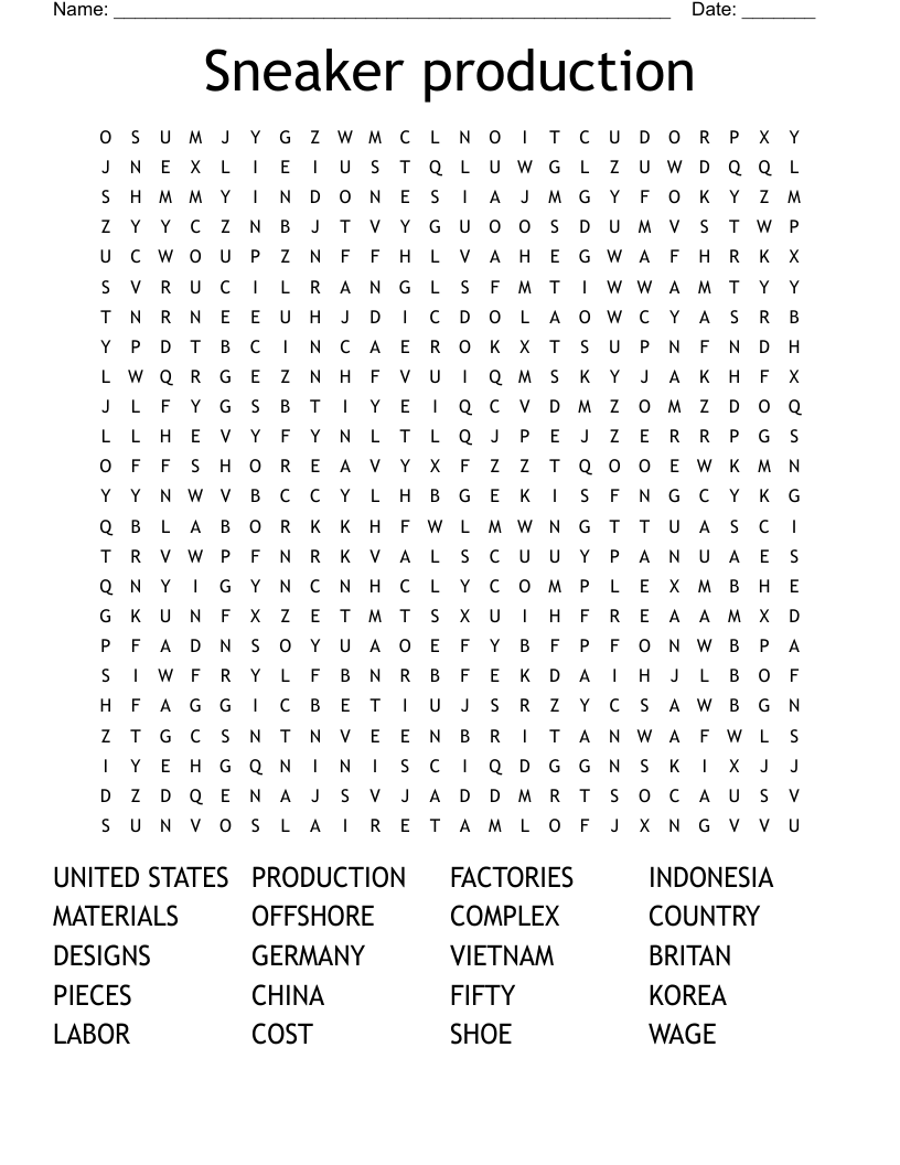 Sneaker production Word Search