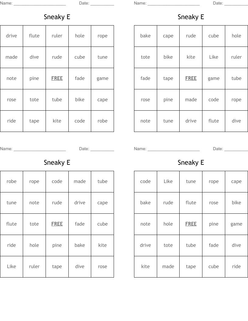 Sneaky E Bingo Cards