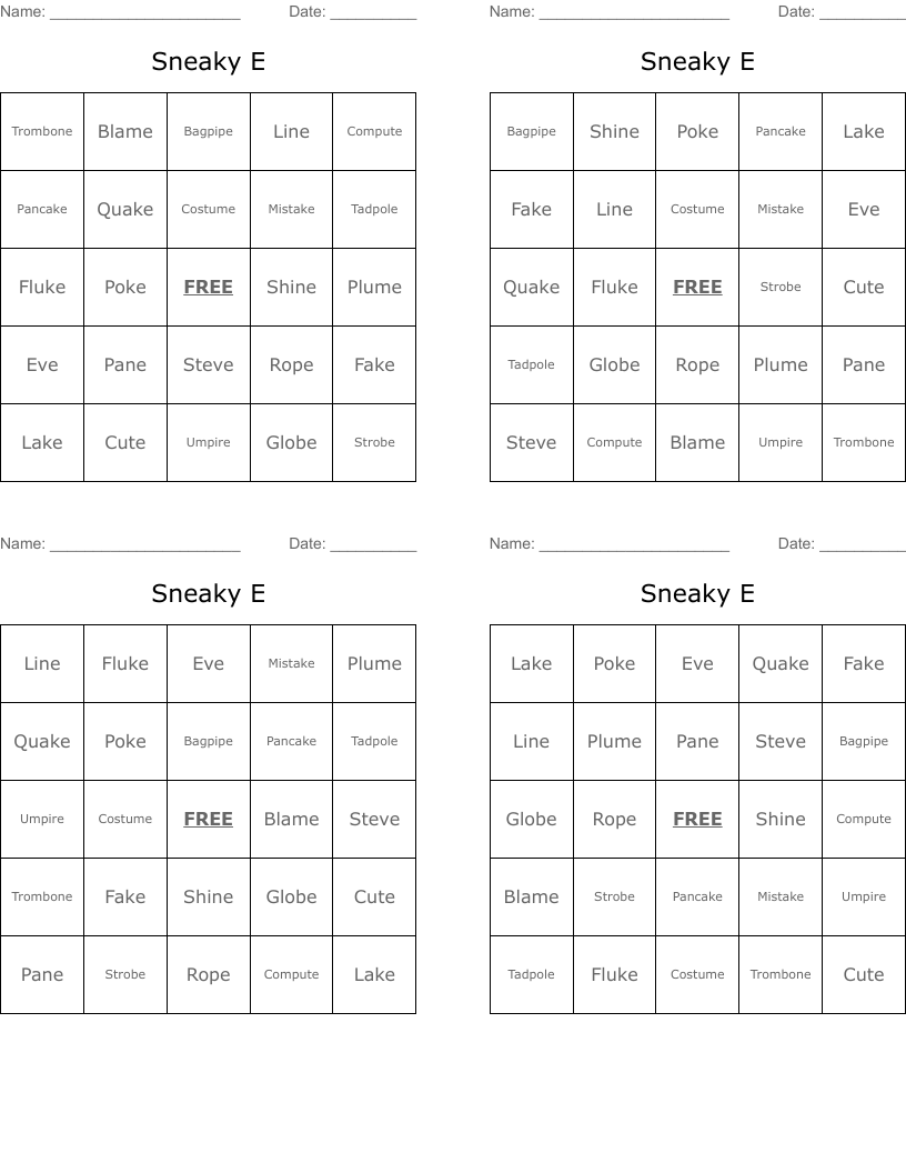 Sneaky E  Bingo Cards