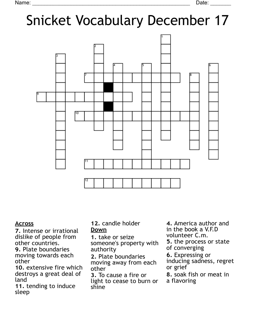 Snicket Vocabulary December 17 Crossword
