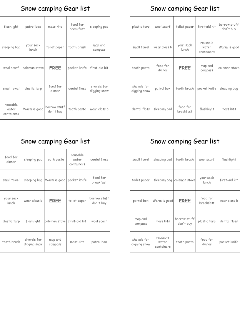 Snow camping Gear list Bingo Cards