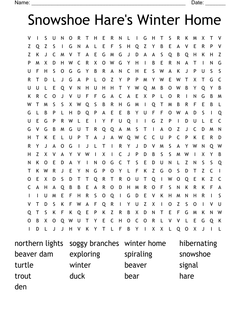 Snowshoe Hare's Winter Home  Word Search