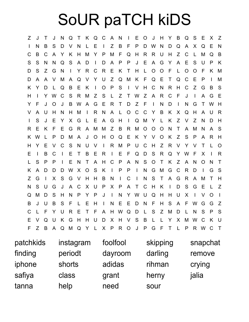SoUR paTCH kiDS Word Search