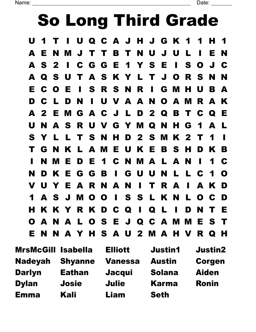 So Long Third Grade Word Search