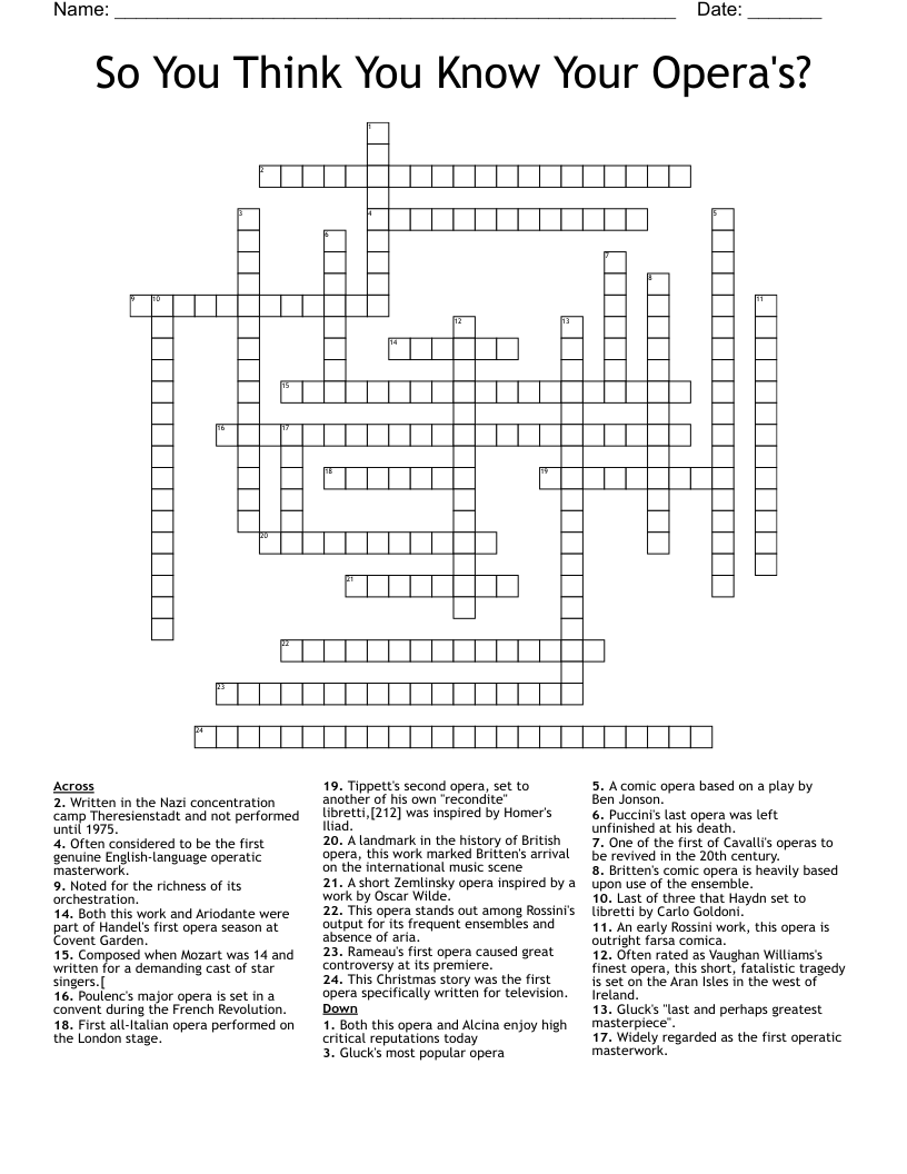 So You Think You Know Your Opera's? Crossword