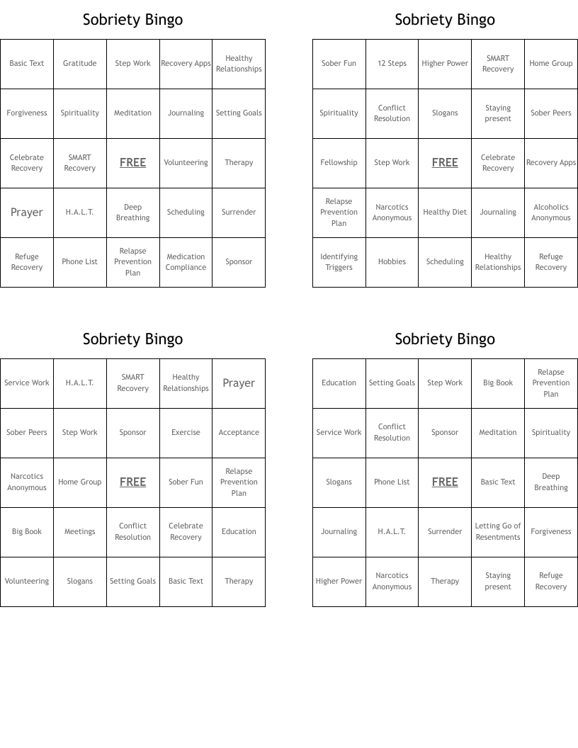 Sobriety Bingo