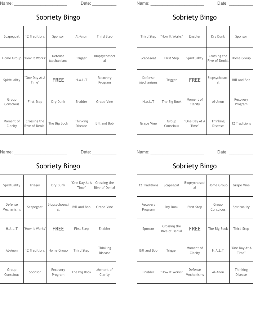 Sobriety Bingo