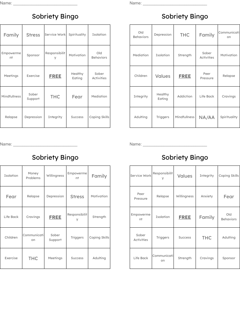 Sobriety Bingo