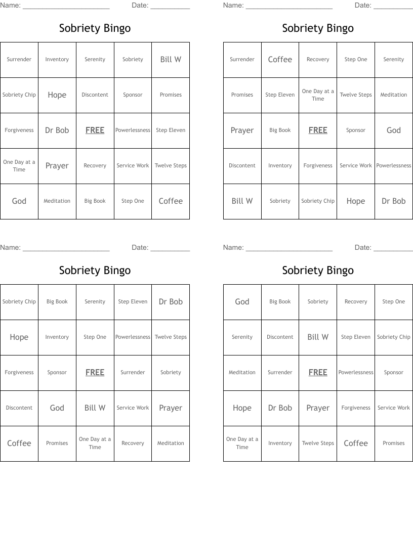 Sobriety Bingo