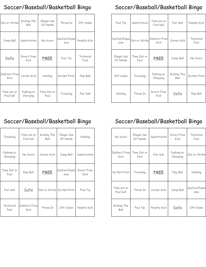Soccer/Baseball/Basketball Bingo