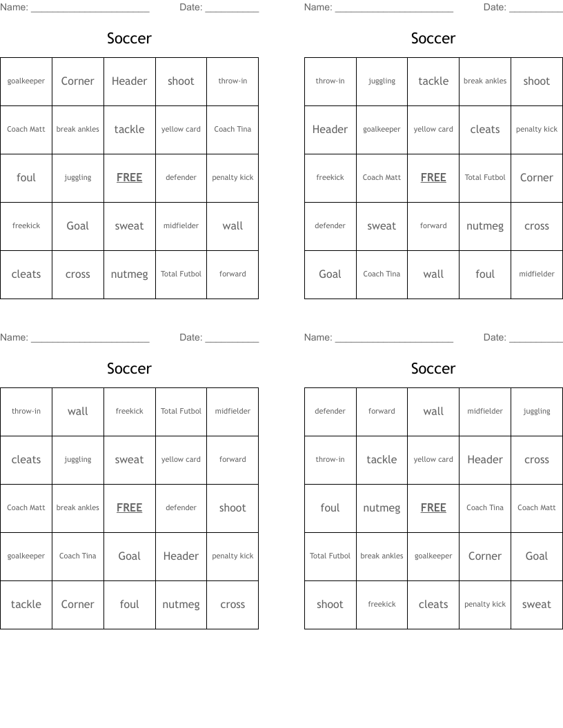 Soccer Bingo Cards