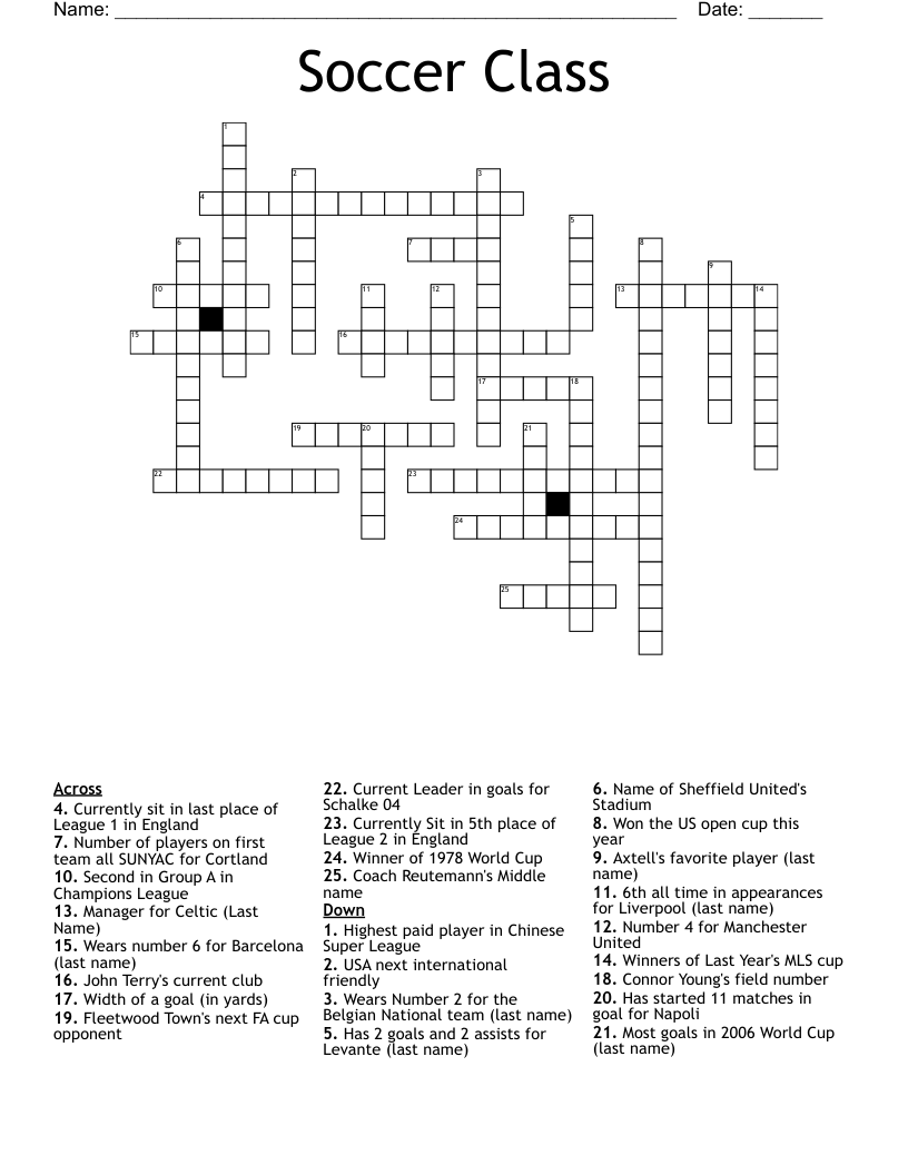 Soccer Class Crossword