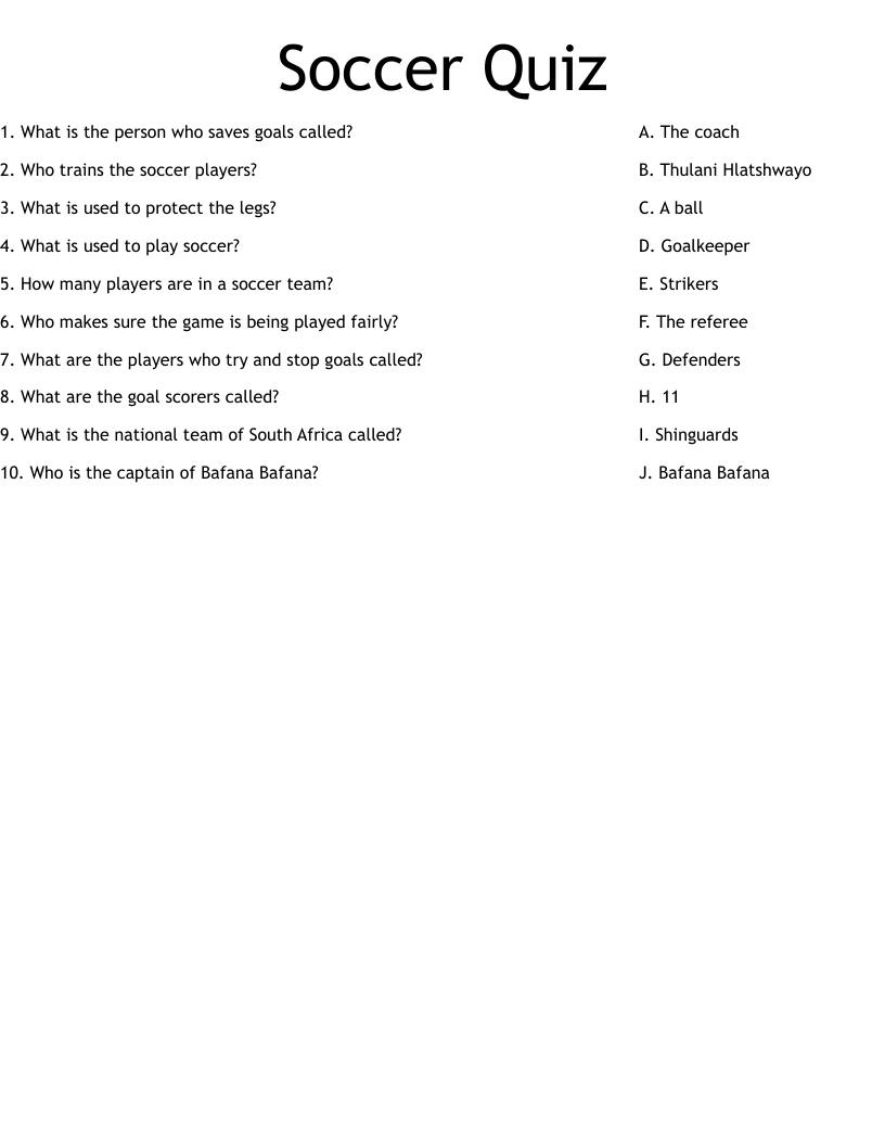 Soccer Quiz Worksheet