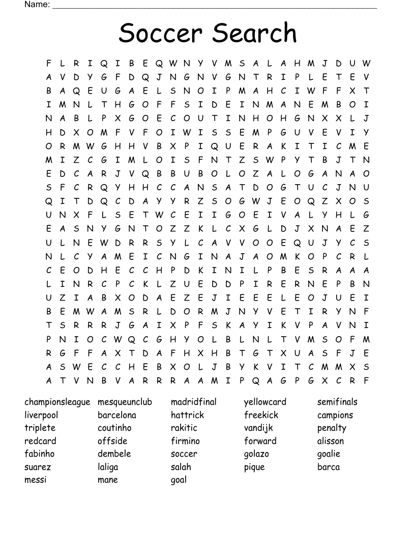 Soccer Search  Word Search