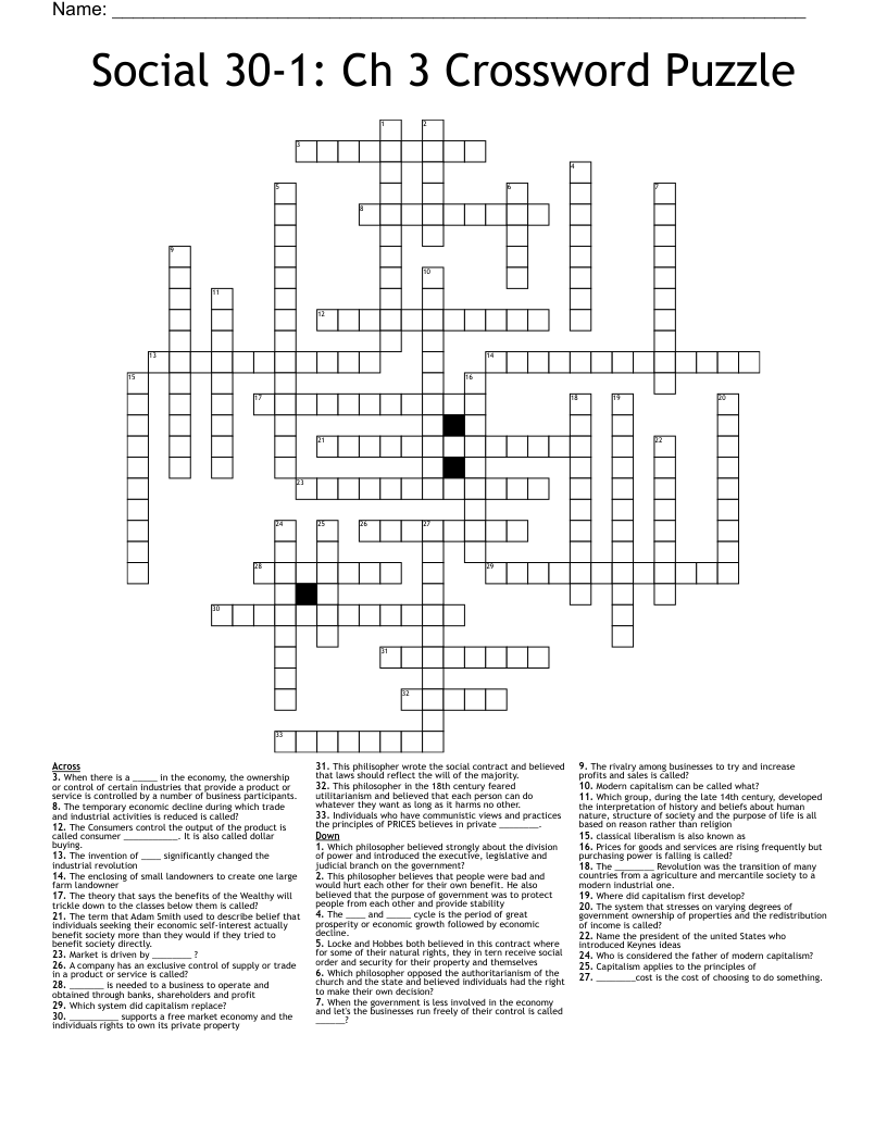 Social 30-1: Ch 3 Crossword Puzzle