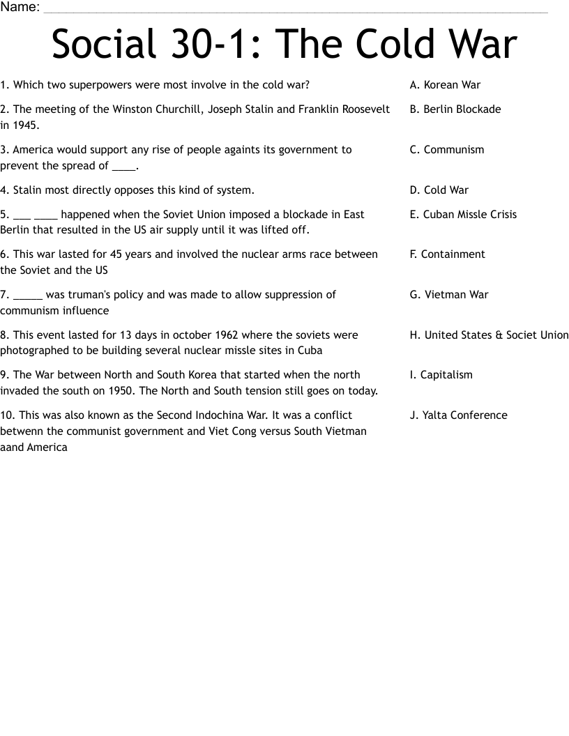 Social 30-1: The Cold War Worksheet