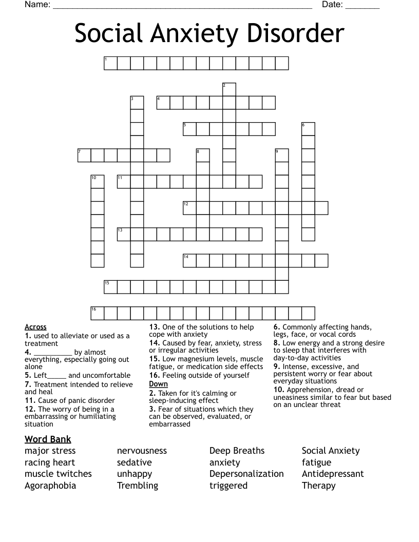 Social Anxiety Disorder Crossword
