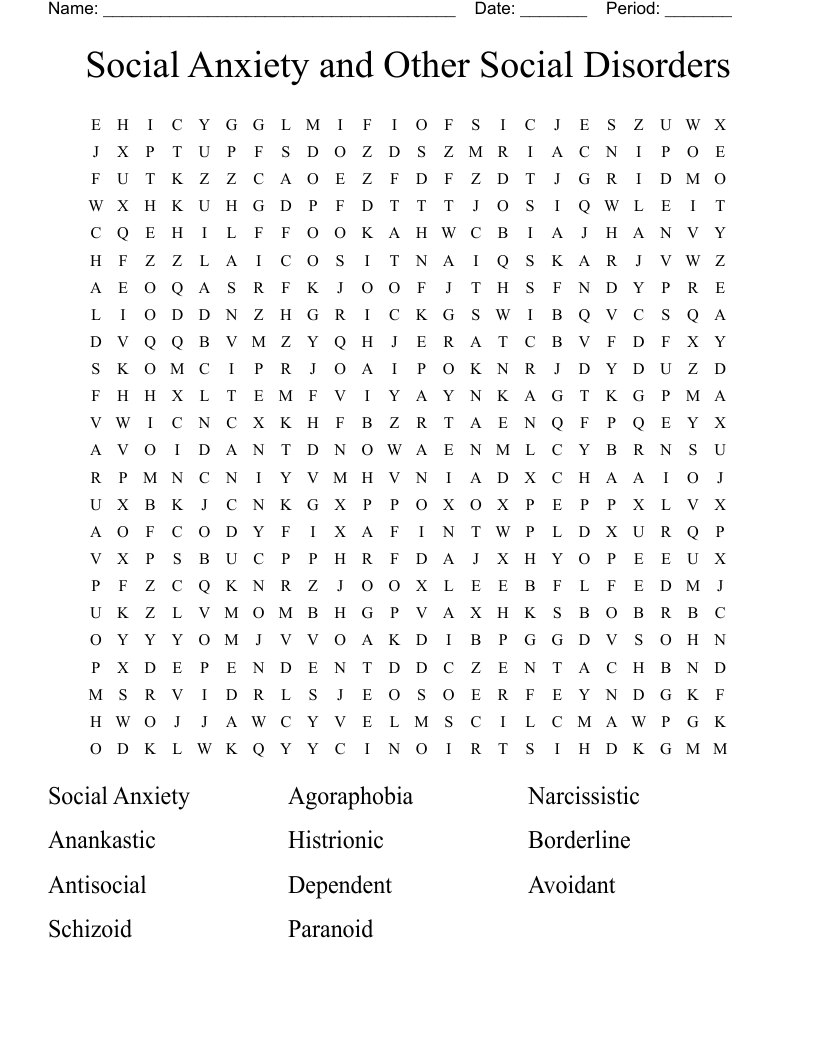 Social Anxiety and Other Social Disorders Word Search