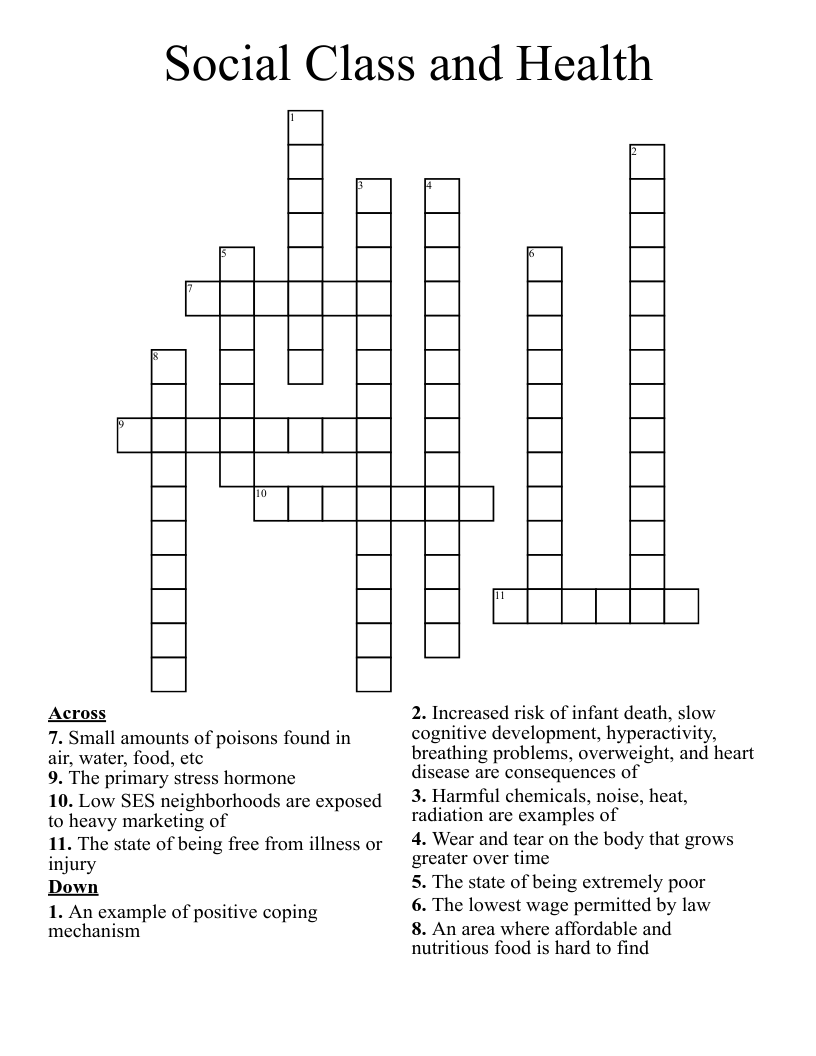 Social Class and Health  Crossword