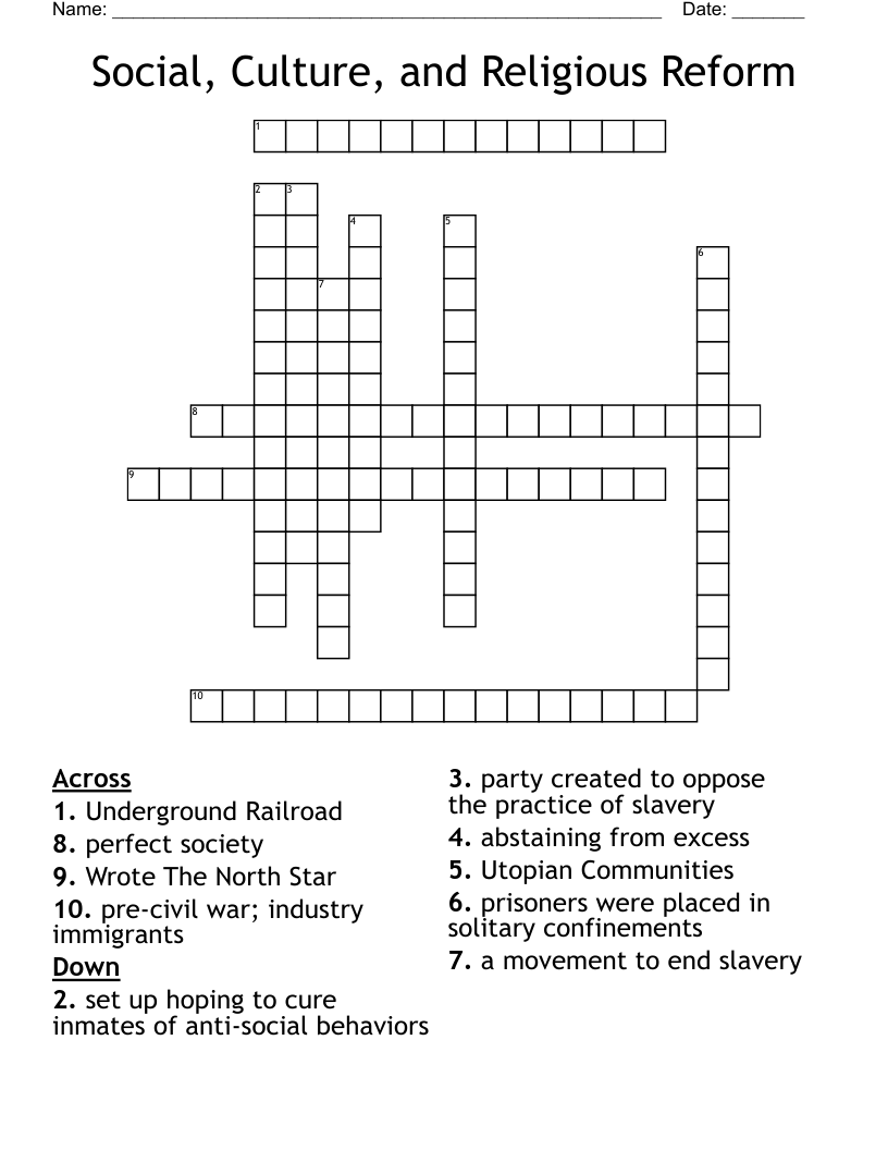 Social, Culture, and Religious Reform Crossword